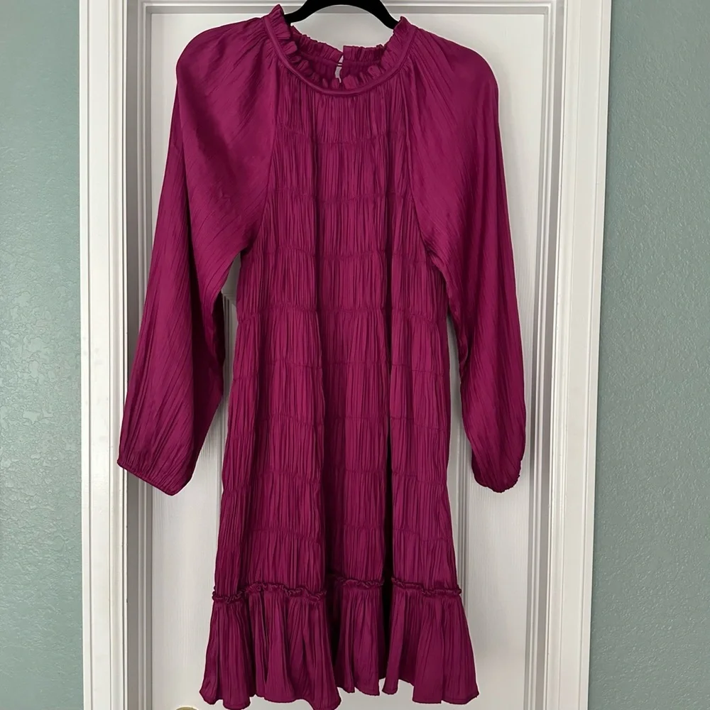 Anthropologie Maeve Tasha Smocked Mini‎ Dress Raspberry Pink Small NWT